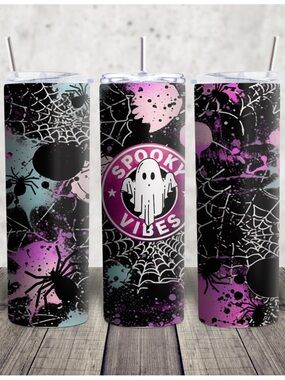 Hand Crafted Spooky Vibes Tumbler - Black, Purple, Pink, Teal